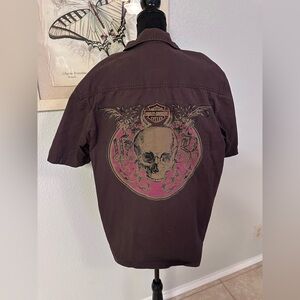 Harley-Davidson Men’s H-D ink Brown with Skull Design Button Up Size Large